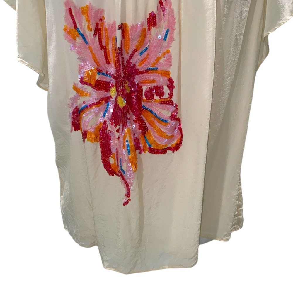 Anthropologie Lil Silk Ivory Flutter Sleeve Floral Sequin Top - 10 - Picture 5 of 12